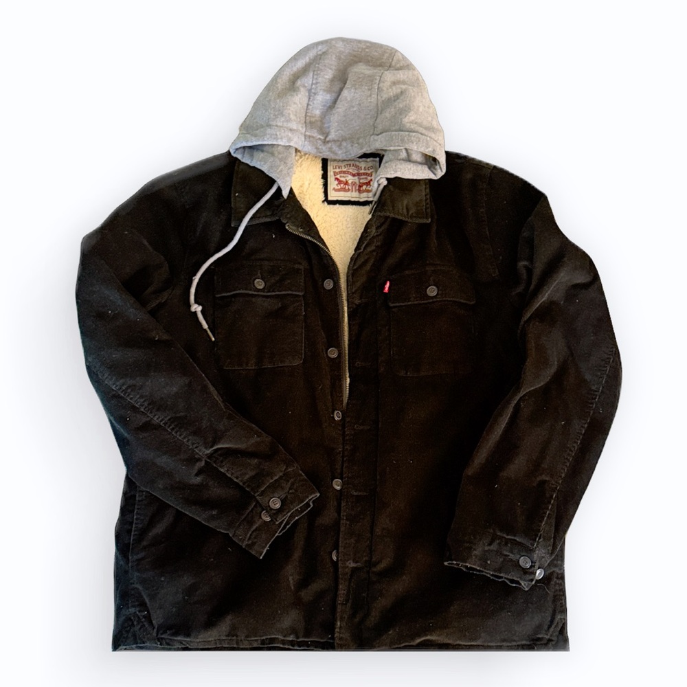 Levi's Corduroy Jacket Coat Hipster Preppy Sherpa Black Hood Button Adult Lg EUC